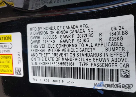 2025 Honda Civic Sport from USA, damaged, VIN 2HGFE2F59SH503164